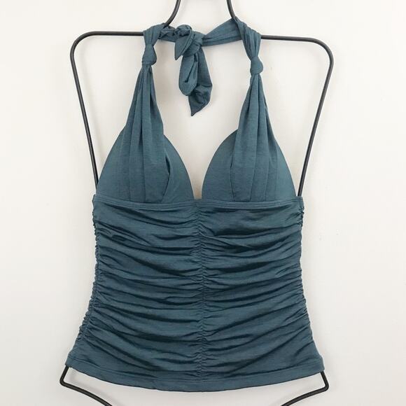 Athleta Aqualuxe Ruched Shirred Halter Tankini Bathing Swim Suit Top Green XXS - Picture 2 of 11